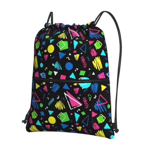 JOOCAR 80s 90s Drawstring Bag Restro Backpack Draw String Bags Waterproof Lightweight Sports Gym Beach Sackpack Zipper Pocket for Men Women - color: B12