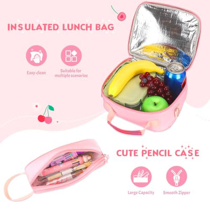 Kids Backpack for Girls 5-8, 4PCS Toddler Backpack with 13oz Kids Insulated Water Bottle, Lunch Box and Pencil Case, Girls Bookbag Schoolbag for Primary Kindergarten Elementary School - color: Pink Red Cherry