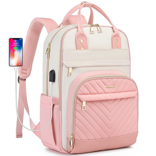 LUOCIP Laptop Backpack for Women: 15.6 Inch Cute Work Backpack for Teacher College Waterproof Anti-Theft Computer Bookbag Stylish Women's Business Travel Backpack Purse (Pink Beige) - color: Pink Beige, size: 15.6 Inch