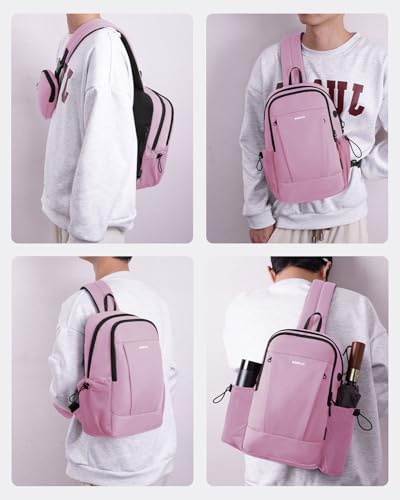ECOHUB Anti-Theft Crossbody Bag Men Women, RFID Blocking Lightweight Sling Backpack Eco-Friendly with 9 Pockets Sturdy SBS Zippers Water Resistant for Travel Work Hiking Outdoor, Pink - color: Pink