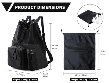 Lohol Large Mesh Drawstring Backpack with Shoe Bag, Durable Swimming String Sack with Handle for Sports Gym Yoga Beach Travel - color: Black