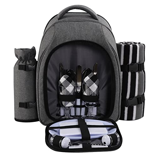 apollo walker Picnic Backpack Bag for 2 Person with Cooler Compartment, Detachable Bottle/Wine Holder, Fleece Blanket, Plates and Cutlery Set (2Person,Grey) - color: Grey1, size: 2 Person