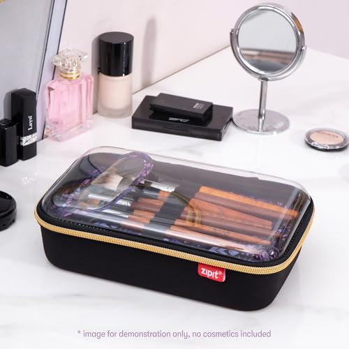 ZIPIT: Travel Makeup Bag - Black & Purple Flowers - Protective Hard Shell, Large Cosmetic Case, Transparent Zipper Lid, Handle, Toiletry Organizer - color: Black