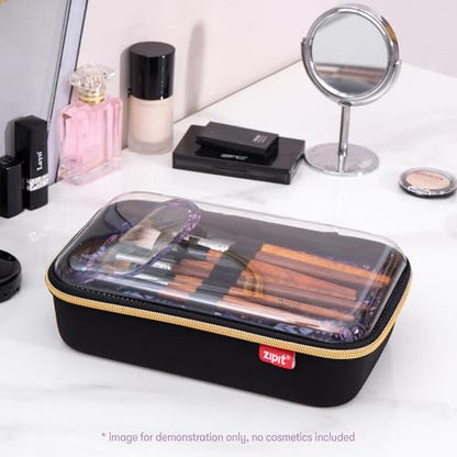 ZIPIT: Travel Makeup Bag - Black & Purple Flowers - Protective Hard Shell, Large Cosmetic Case, Transparent Zipper Lid, Handle, Toiletry Organizer - color: Black
