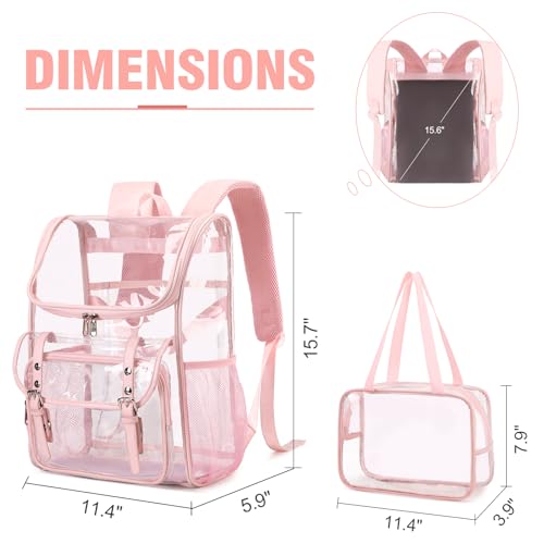 DIGOBAY Clear Backpack with Lunch Bag Set, Leather Clear Backpack Heavy Duty Thick PVC Bookbag See Through Transparent Backpacks with Support Pad for Women Girls College Travel Work Pink - color: Pink