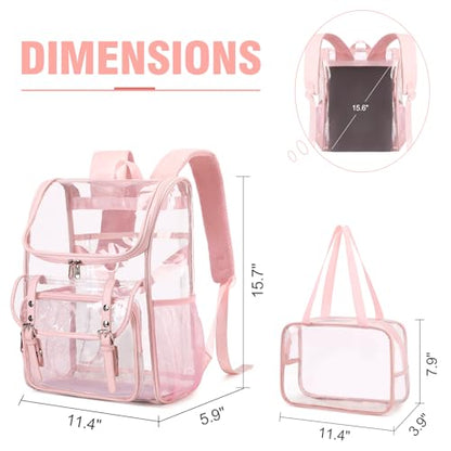 DIGOBAY Clear Backpack with Lunch Bag Set, Leather Clear Backpack Heavy Duty Thick PVC Bookbag See Through Transparent Backpacks with Support Pad for Women Girls College Travel Work Pink - color: Pink