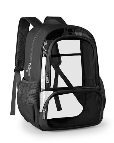 KIMNERPU Clear Backpack, Fabric & PVC Transparent Backpack with Reinforced Strap for Women Men, Heavy Duty Transparent Bookbag, Large Capacity Clear Bag, Travel, Security, Black - color: Black, size: Large