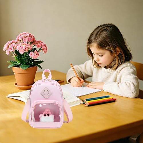 Large Capacity Kids Backpack Pencil Case Pen Bag with Clear Pocket, Cute Kawaii Pen Pouch Organizer with Adjustable Strap & Plush Doll Keychain for School Girls Boys (Pink) - color: Pink