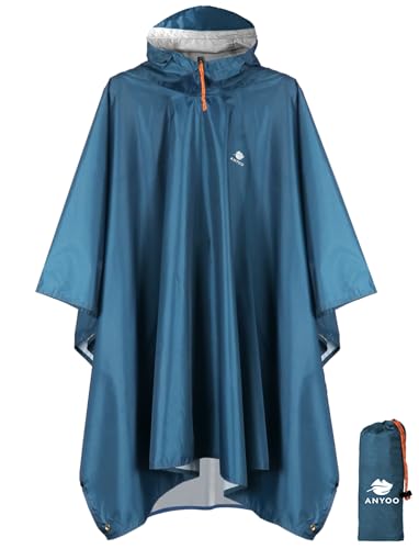 ANYOO Hooded Rain Poncho for Adults Waterproof Lightweight Rain Coat for Men Women Reusable Rain Jacket for Emergency Outdoor - color: Sea Blue