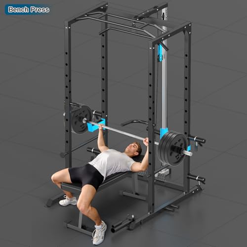ULTRA FUEGO Power Cage, Multi-Functional Power Rack with J-Hooks, Dip Handles, Landmine Attachment and Optional Cable Pulley System for Home Gym - size: Power Cage with Pulley System and Flat Bench