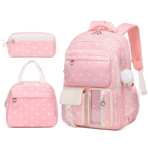 3PCS Kids Backpack Set, School Backpack with Lunch Bag & Pencil Case, Lightweight Waterproof Bookbag for Kids (Pink Heart) - color: Pink Heart