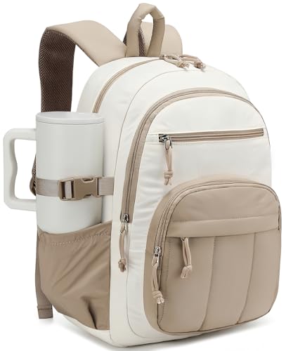 Backpack for Women, Quilted Laptop Bookbag with Pouch Pockets for College Work Travel Gym Teacher Nurses, Puffer High School Backpack for Girls, Khaki Beige - color: Khaki Beige, size: 15.6in