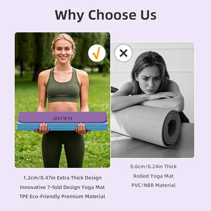 HAHE 7-Fold Design Extra Thick Yoga Mat 72"L x 24"W x 0.47",TPE Fitness Exercise Mats, Non-Slip Foldable Yoga Mat, High Density, Portable for Men & Women, Yoga, Pilates, Home Gym