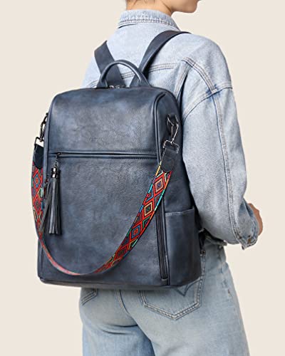 FADEON Leather Laptop Backpack for Women Designer 15.6 inch PU Laptop Bag, Ladies Travel Computer Work Backpack Blue - color: Dusty Blue Retro Style