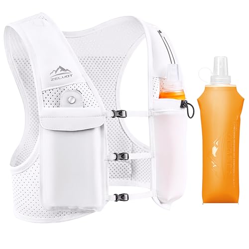 Zelvot Running Vest for Women Men, Adjustable Running Phone Holder Vest, USA Original Patent, Running Hydration Vest with 500ml Soft Flask, Reflective Running Backpack for Hiking Cycling - color: White, size: Medium-Large