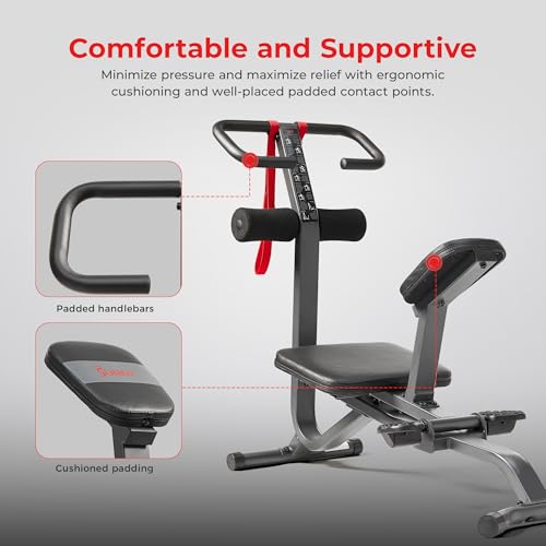 Sunny Health & Fitness Full Body Stretch Machine for Home Gym, Back Stretcher & Flexibility Trainer with Pivoting Seat, Foam Rollers, Safety Straps, Handlebar & SunnyFit App - color: Black