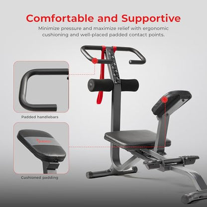 Sunny Health & Fitness Full Body Stretch Machine for Home Gym, Back Stretcher & Flexibility Trainer with Pivoting Seat, Foam Rollers, Safety Straps, Handlebar & SunnyFit App - color: Black