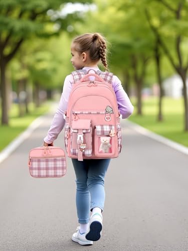 Girls Backpack with Lunch Box Cute School Backpack for Girls Kids Teens Kawaii Bookbag Set for Primary Elementary，Pink - color: Pink