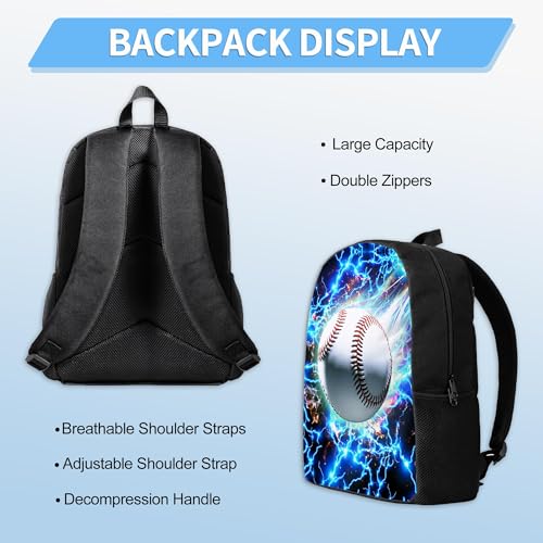 3PCS Boys Backpack, Kids Back To School Backpack with Lunch Box Pencil Case Set, Cool Baseball Backpack for Boys Teens, 17" Schoolbag Bookbag for Elementary Middle High School Students - color: Light Baseball
