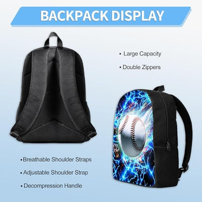 3PCS Boys Backpack, Kids Back To School Backpack with Lunch Box Pencil Case Set, Cool Baseball Backpack for Boys Teens, 17" Schoolbag Bookbag for Elementary Middle High School Students - color: Light Baseball