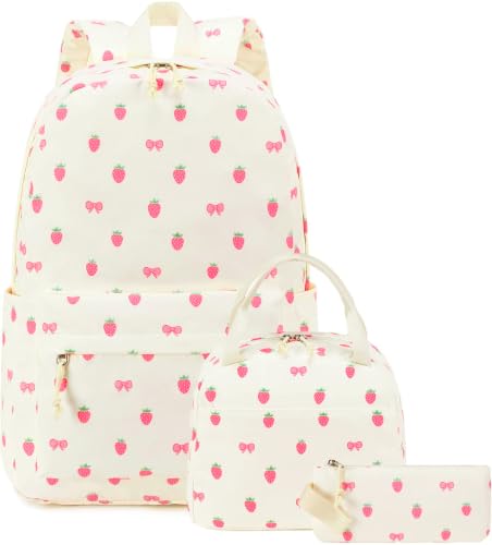 Bluboon Teen Girls School Backpack Kids Bookbag Set with Lunch Box Pencil Case Travel Laptop Backpack Casual Daypacks (Beige bow tie) - color: Beige Base Pink Strawberry Bow