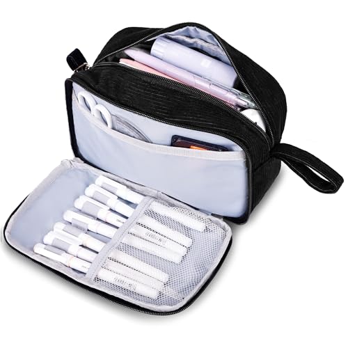 Big Capacity Pencil case,Soft Corduroy Pencil Bag with 3 Compartment,Pencil Pouch School Supplies Cute Pencil Box Pencil Bag for Teen Girls Boys College - color: Black