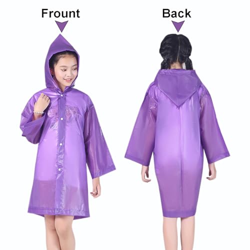 Rain Ponchos Raincoats for Kids, Reusable Boys Girls Rain Jackets Emergency with Hood for Family Disney Travel Outdoor - color: E-purple