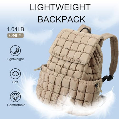XSUIOY Quilted Backpack Purse for Women Small Lightweight Puffer Puffy College Laptop Backpack Nylon Casual Bookbag Daypack Top Flap Drawstring Padding Hiker Travel Gym Backpack(Khaki) - color: Khaki