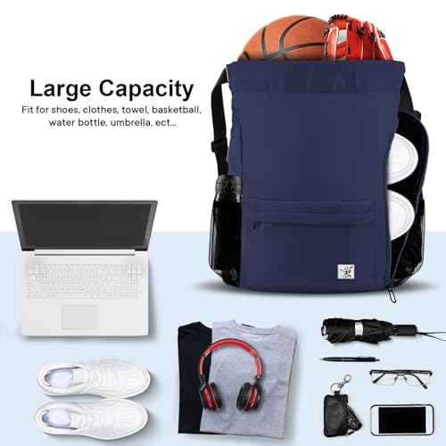 Drawstring Backpack with Mesh Pockets String Gym Bag Sackpack Sandproof Water Resistant Beach Backpack for Men Women - color: Midnight Blue