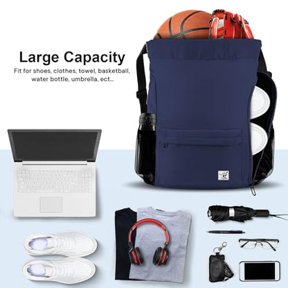 Drawstring Backpack with Mesh Pockets String Gym Bag Sackpack Sandproof Water Resistant Beach Backpack for Men Women - color: Midnight Blue