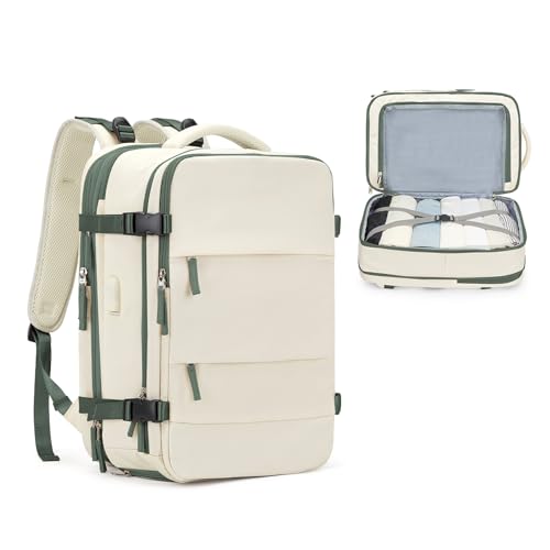 coofay Expandable Travel Backpack For Women Men Airline Approved Personal Item Backpack For Airlines Carry On Backpack Flight Approved Waterproof Backpack For Traveling On Airplane Travel Bag - color: A-beige With Green, size: XX-Large