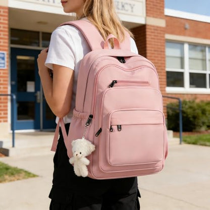 JARKJARD Cute School Backpack for Kids Teen Girls Aesthetic Lightweight Large Capacity Bookbag College Students School Bag Casual Travel Solid Color Daypack（Pink） - color: Pink