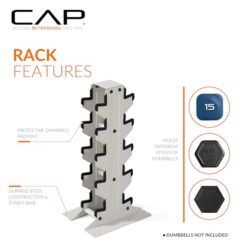 CAP Dumbbell Set with Rack, Rubber Coated Hex Free Weight Set | 100–300 lb Options, Vertical Space-Saving Storage for Home Gym Strength Training - size: 150 lb Set - Light Gray Rack, style: Comfort Handle