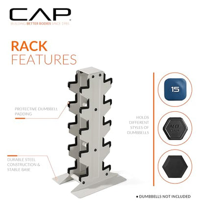 CAP Dumbbell Set with Rack, Rubber Coated Hex Free Weight Set | 100–300 lb Options, Vertical Space-Saving Storage for Home Gym Strength Training - size: 150 lb Set - Light Gray Rack, style: Comfort Handle