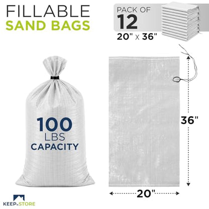 Heavy Duty Sand Bags Pack of 12, White Empty Sandbags with Built-In Ties, Woven Polypropylene UV Protection 1600 Hours, Fillable Bags for Flood Control, Weight, 20x36 inches, 100 Pounds Volume - size: 20"W x 36"L, style: Pack of 12
