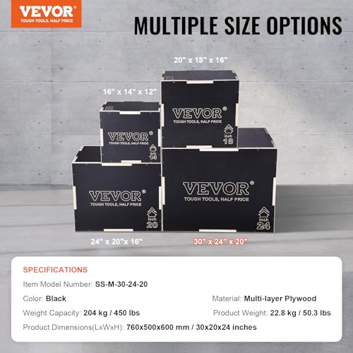 VEVOR 3 in 1 Plyometric Jump Box, Easy-to-Assemble Wood Plyo Box for Jumping Trainers, Home Gym Training and Conditioning - style: 30"x24"x20"