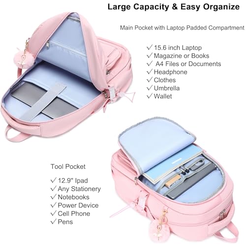 Laptop Backpack 15.6 Inch College Backpacks for Women, School Backpack for Girls,Students Aesthetic Anti Theft Travel Daypack Large Bookbags Middle High School Back Pack(Pink) - color: Pink