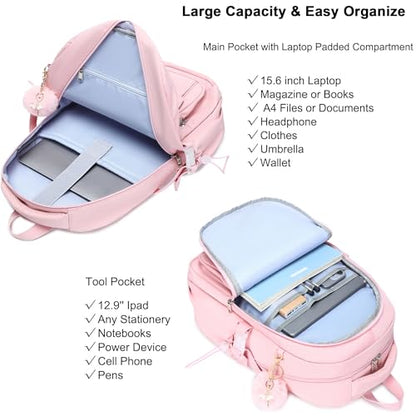 Laptop Backpack 15.6 Inch College Backpacks for Women, School Backpack for Girls,Students Aesthetic Anti Theft Travel Daypack Large Bookbags Middle High School Back Pack(Pink) - color: Pink