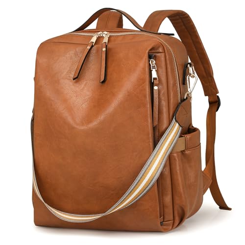 Dora & Liz Laptop Backpack for Women, Leather Travel Backpack with 15.6 Inch Laptop Compartment, College Work Computer Bag - color: Brown