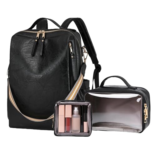 Dora & Liz Laptop Backpack for Women, Leather Travel Backpack with 15.6 Inch Laptop Compartment, College Work Computer Bag (Black-3P) - color: Black-3p
