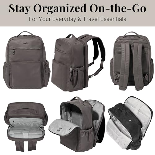 Baggallini Tribeca Expandable Laptop Backpack - 15"x11" Lightweight RFID Computer Bag for Work & Travel with Luggage Sleeve - color: Smoke Twill
