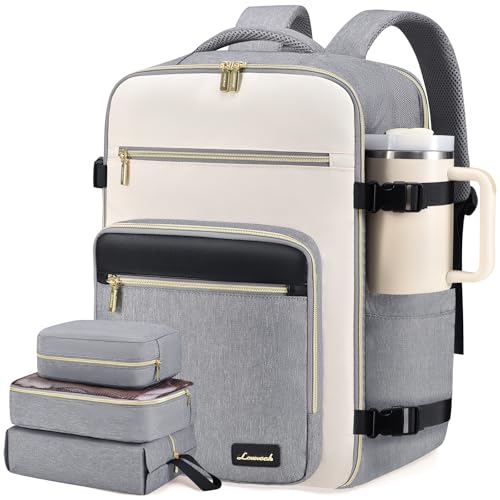 LOVEVOOK Travel Backpack For Women,40L Carry On Backpack Flight Approved,TSA Personal Item Travel Bag Fits 17 Inch Laptop,Business Weekender Overnight Daypack with Toiletry Bag and Cubes - color: Grey and White and Black, size: 17.3 Inch-40L-4Pcs