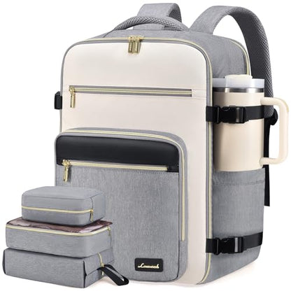 LOVEVOOK Travel Backpack For Women,50L Carry On Backpack Flight Approved,TSA Personal Item Travel Bag Fits 18 Inch Laptop,Business Weekender Overnight Daypack with Toiletry Bag and Cubes - color: Grey and White and Black, size: 18 Inch-50L-4Pcs