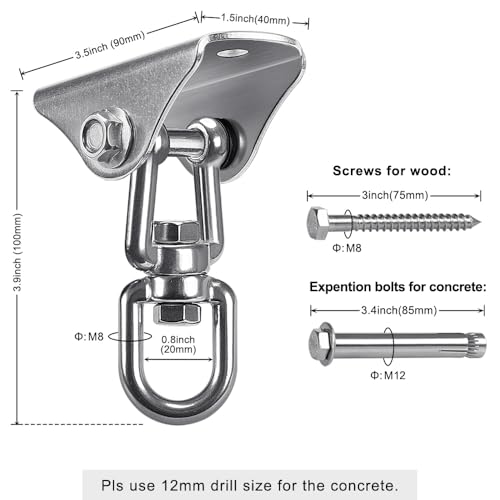 SELEWARE Stainless Steel Swing Hangers Heavy Duty Ceiling Swing Mounts Free Swivel Swing Hooks Swing Hardware Kits for Yoga Swing Hammock Chair Porch Swing Sets Heavy Bag 1000 LB Capacity Each 2 Pack - color: Silver2 - 360° Swing Hanger ( 2 Pack )