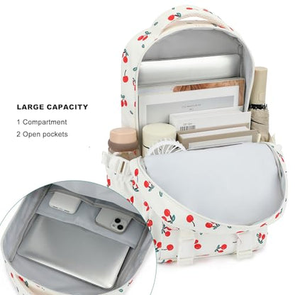 Kids High Middle School Backpack for Girls 5-12 Kawaii Travel Cherry Bookbag,Beige Cherry - color: Beige Cherry