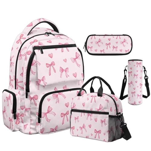 Pink Bow Backpack for Girls Back to School Backpack with Lunch Box Pencil Case and Water Bottle Holder 4 in 1 Lightweight 4th Grade Backpack for Girls Kids Bookbag for Primary School - color: Pink Bow