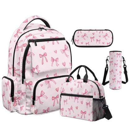 Pink Bow Backpack for Girls Back to School Backpack with Lunch Box Pencil Case and Water Bottle Holder 4 in 1 Lightweight 4th Grade Backpack for Girls Kids Bookbag for Primary School - color: Pink Bow
