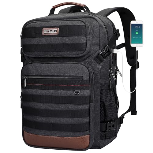 WITZMAN Canvas Travel Backpack for Men Multiple Pockets Fit 16 inch Laptop Backpack Carry-on Airline Approved(A8025 Black) - color: Black