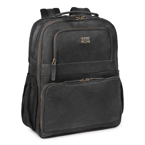 LEATHER VILLAGE Vintage Leather Laptop Backpack for Men & Women, Professional Business Bag Fits 17”- Laptop, Travel Hiking Daypack with Trolley Strap - Black - color: Black