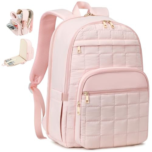 CAMTOP Work Backpack for Women, 15.6-Inch Laptop Backpack with Insulated Lunch Pocket, Lightweight Water-Resistant Quilted Computer Bag for Office, Commute, College and Travel, Pink - color: Coral Pink, size: Medium-15.6''